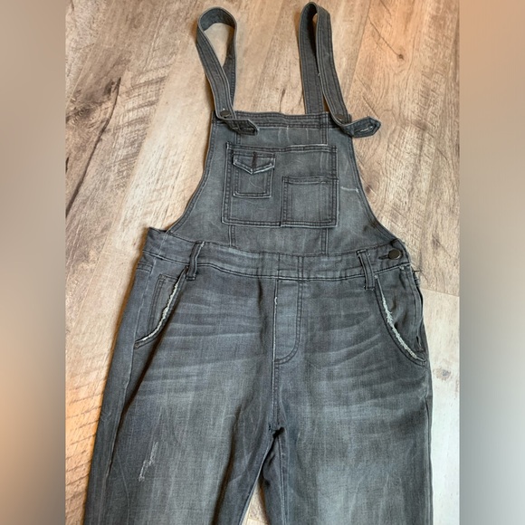 Free People Black Grey Wash Overalls 28 denim mineral slim fit stretchy adjust - Picture 2 of 6